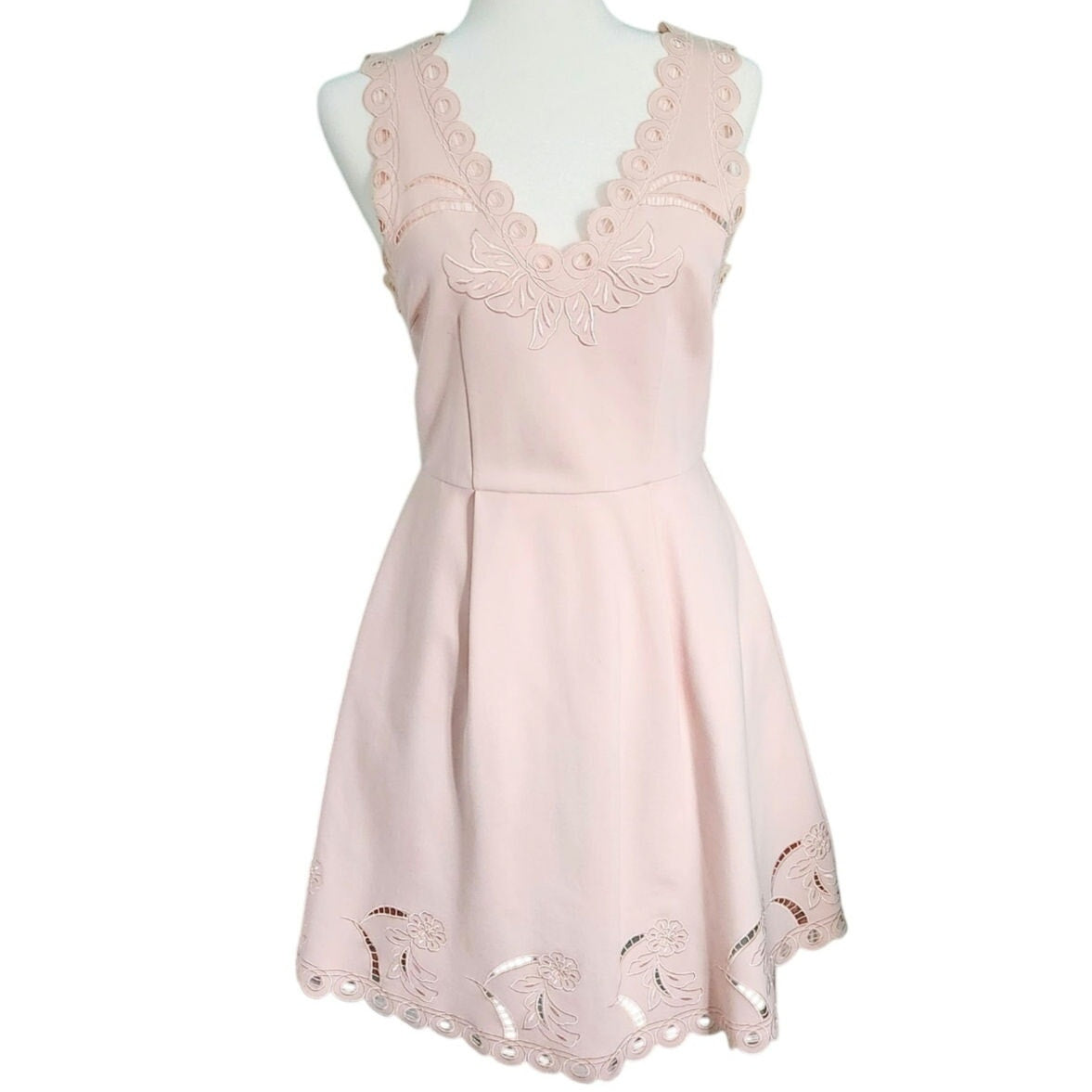 Ted Baker Emalise Pink Sleeveless V-Neck Embroidered Skater Dress Size 2 Women’s Fit & Flare
