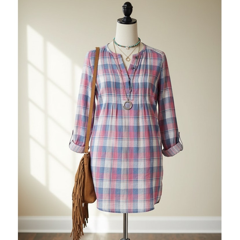 Anthropologie Holding Horses Plaid Tunic Top | Women’s 6 | Pink Mauve Blue Cotton Gauze | High Low Blouse