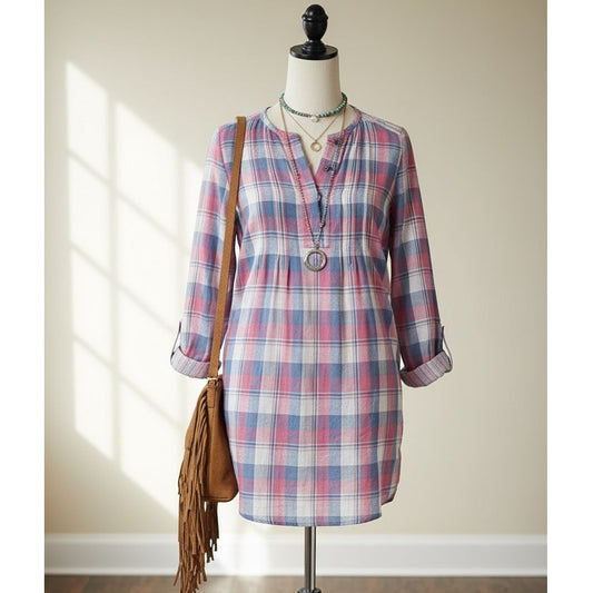 Anthropologie Holding Horses Plaid Tunic Top | Women’s 6 | Pink Mauve Blue Cotton Gauze | High Low Blouse