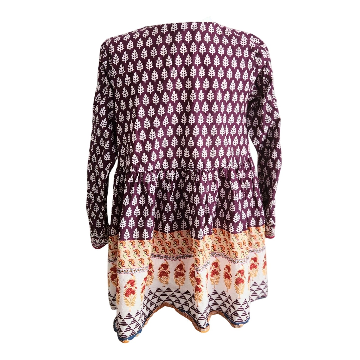 Khaadi Cotton Pom Pom Long Sleeve Flare Tunic Boho Artisan Print | Women Size 8