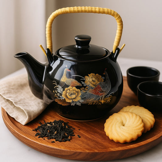 Vintage 1970s Japanese Style Black Teapot with Rattan Handle – Cherry Blossoms, Peacock & Peahen Gold Gilded Design | Home Decor