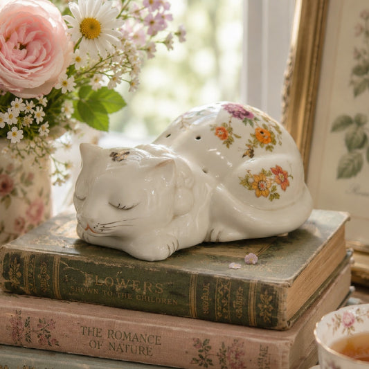1980s East Wind San Francisco Sleeping Cat Potpourri Floral Porcelain Figurine