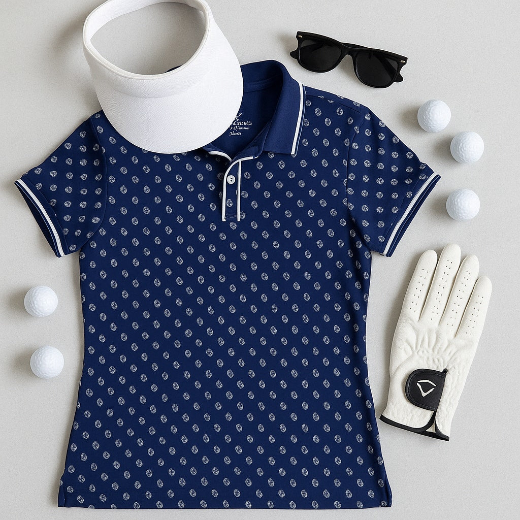 🐳 Vineyard Vines Women’s Performance Polo Navy Blue Geometric Print Size Large