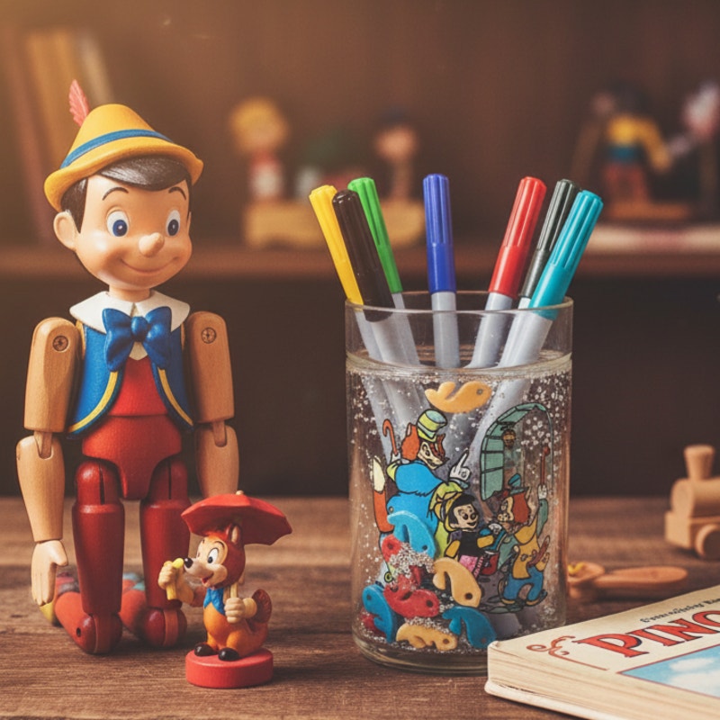 Vintage 90s Kids Pinocchio Geppetto & Figaro Disney Glitter Snow Globe Cup / Tumbler