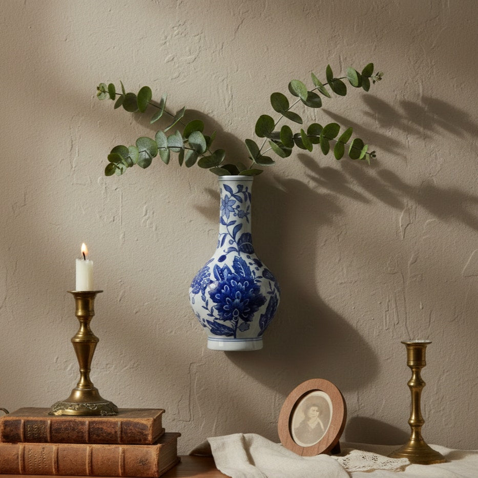 1990s Blue & White Wall Pocket Vase – Baum Bros “Formalities” Chinoiserie Floral