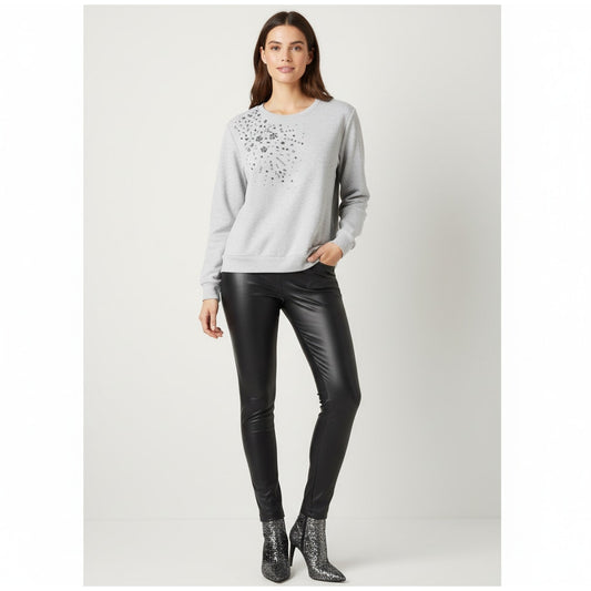 Embellished Gray Crewneck Sweatshirt | Smoky Silver Studs | Women's L