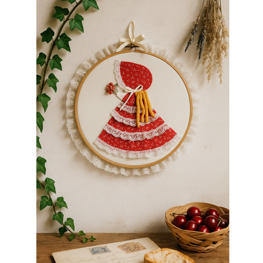 Vintage Folk Hoop Art Girl in Red Dress with Blonde Ringlets & Lace Bouquet – 14.5” Cottagecore Wall Home Decor