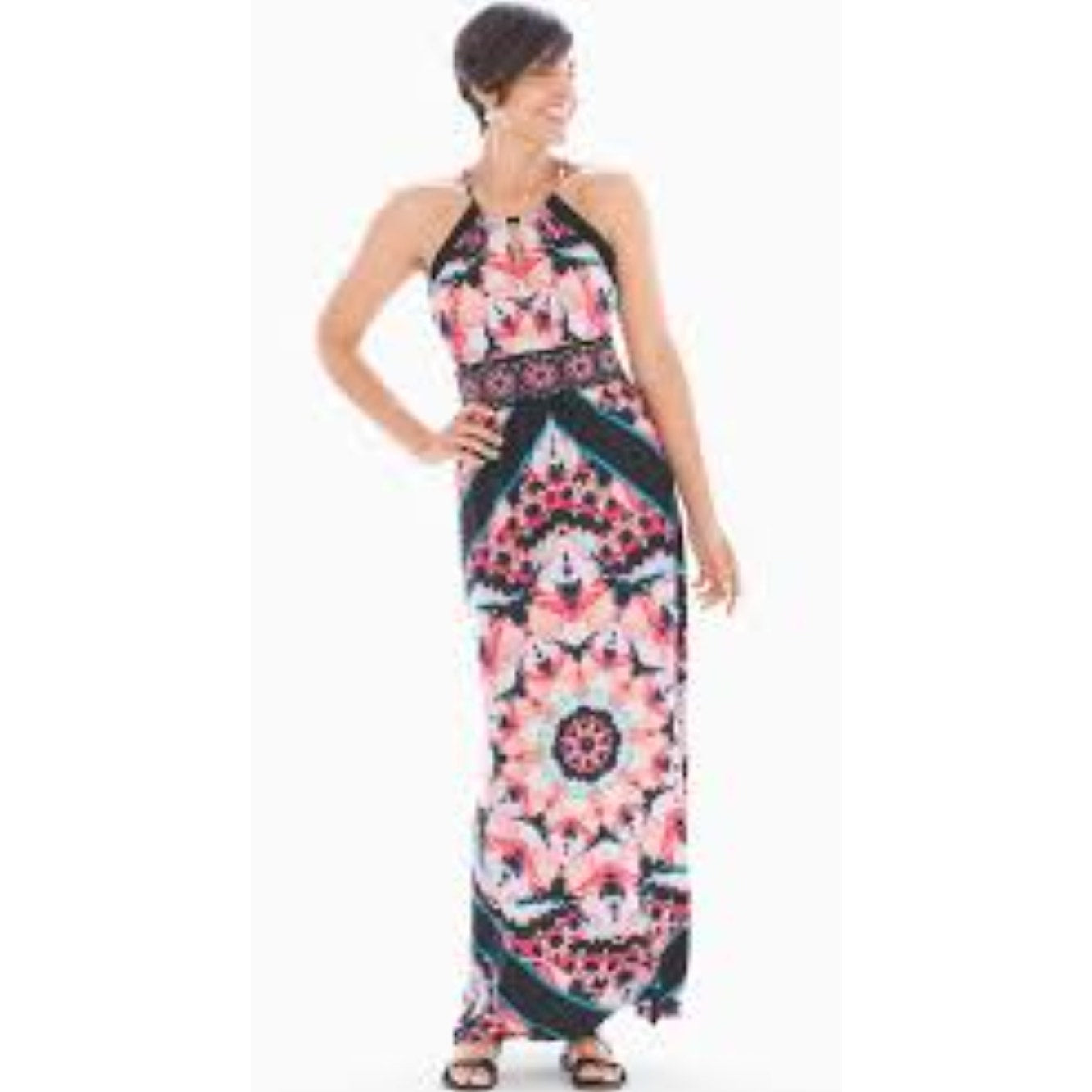 London Times Women's Halter Graphic Ikat Pink & Black Print Maxi Dress Size 10
