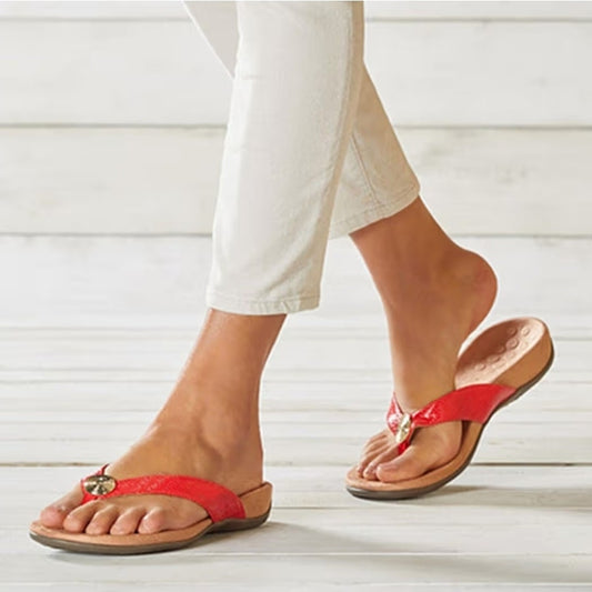 Vionic Women’s Hilda Woven Thong Sandal – Coral Red & Gold Size 7.5