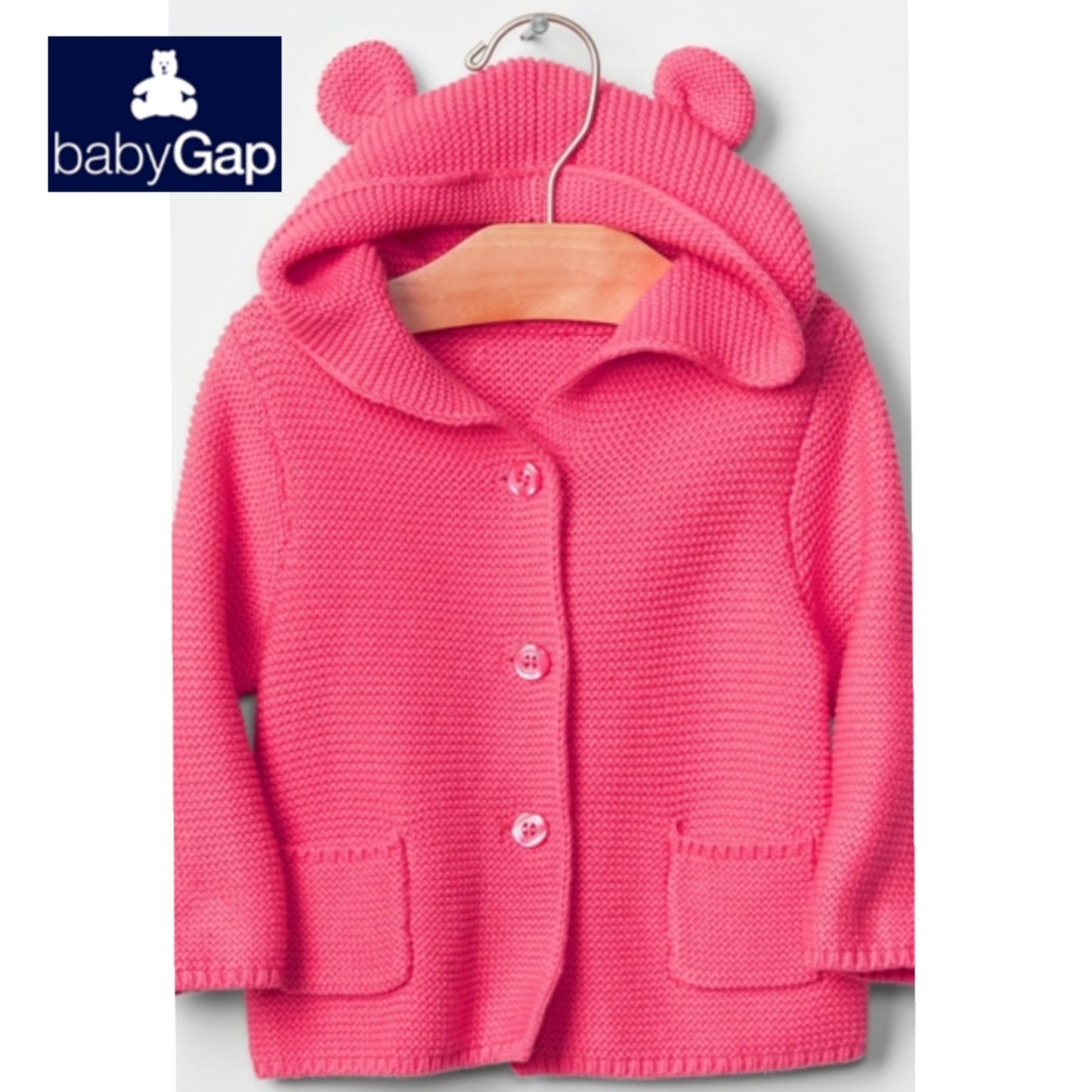 Baby Gap Baby Bear Cardigan Sz 3-6 mos | 58-69 cm Pink Cotton Knit Hooded Ears