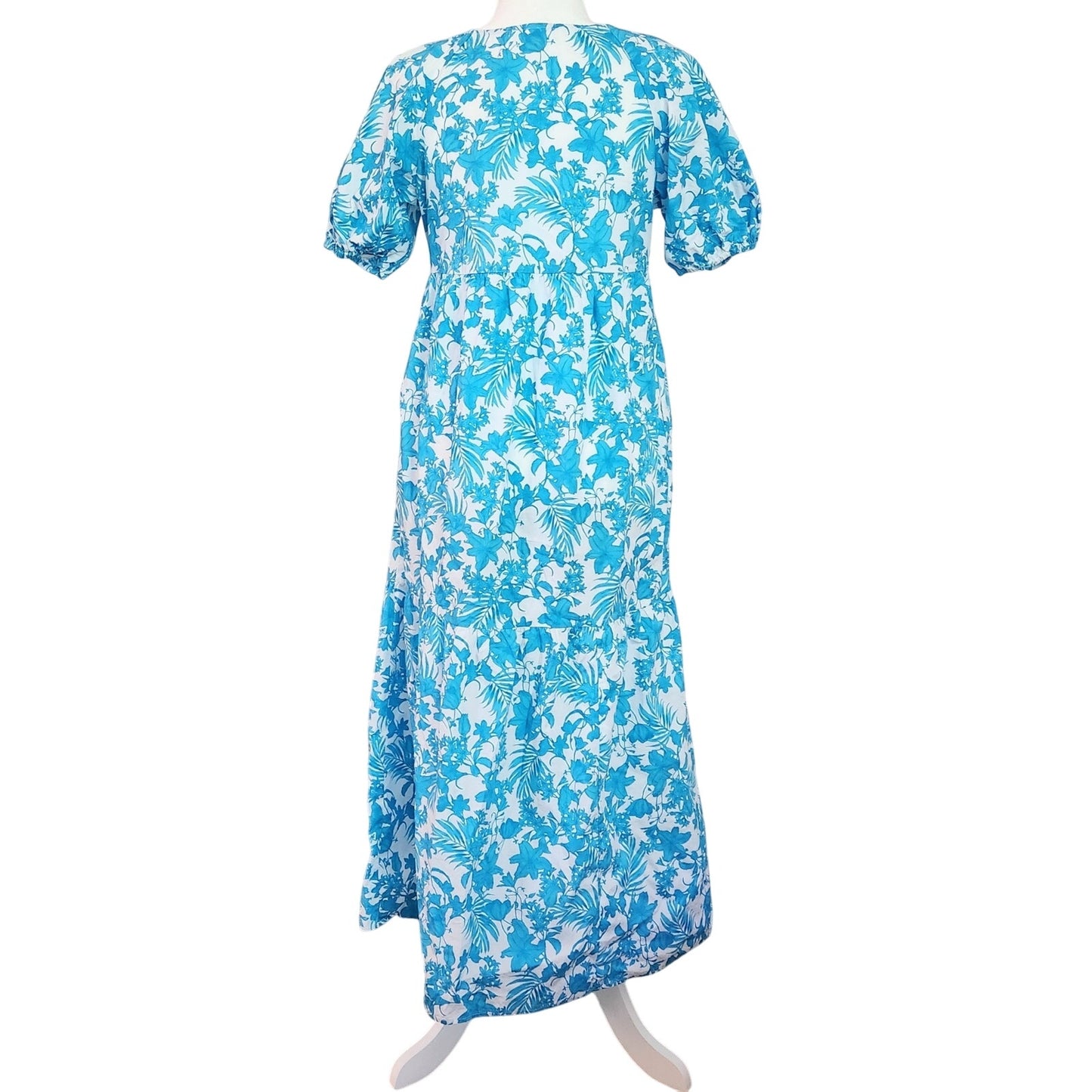 Peyton & Parker Women’s Puff Sleeve Turquoise Floral Maxi Dress XS Cotton Pockets