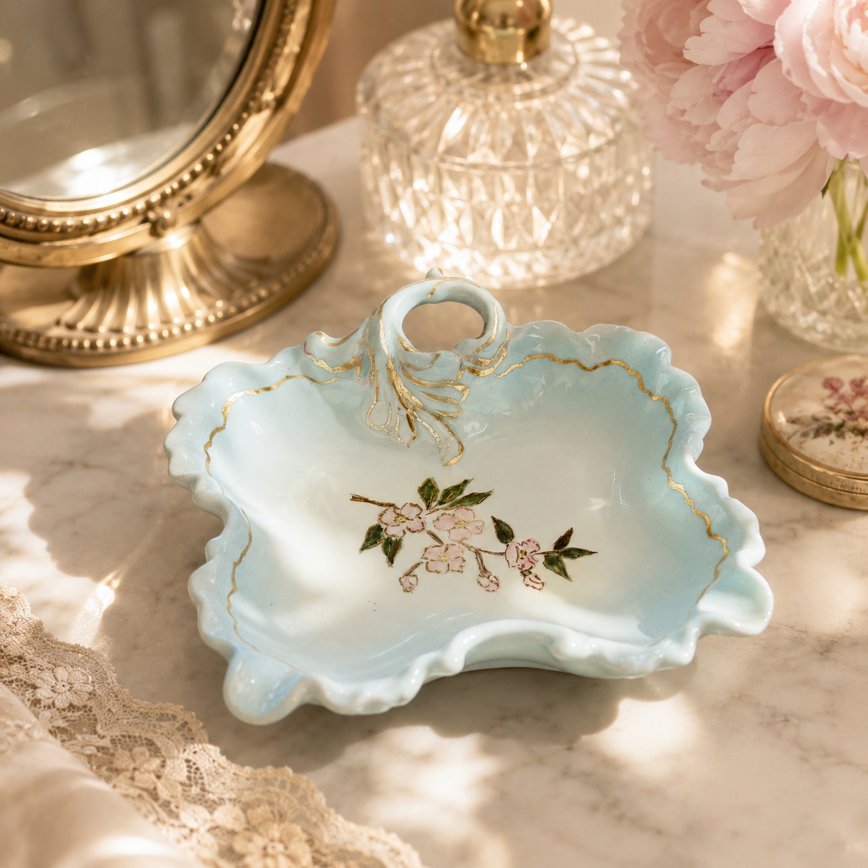 Vintage Hand-Painted Blue Cherry Blossom Trinket Dish | Signed “Lehe 1960”