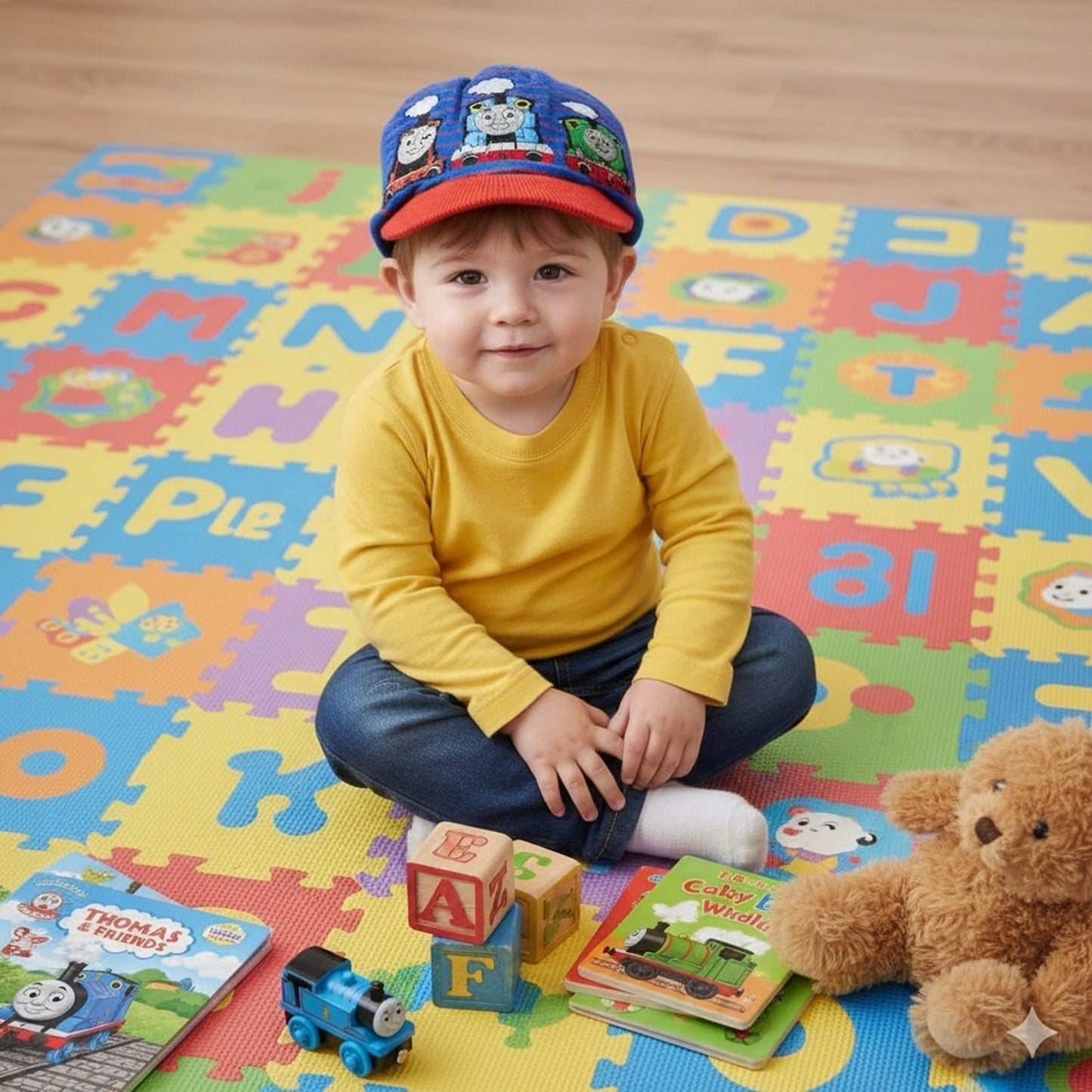 Toddler Knit Brimmed Hat – Blue & Red Trains / Tank Engines