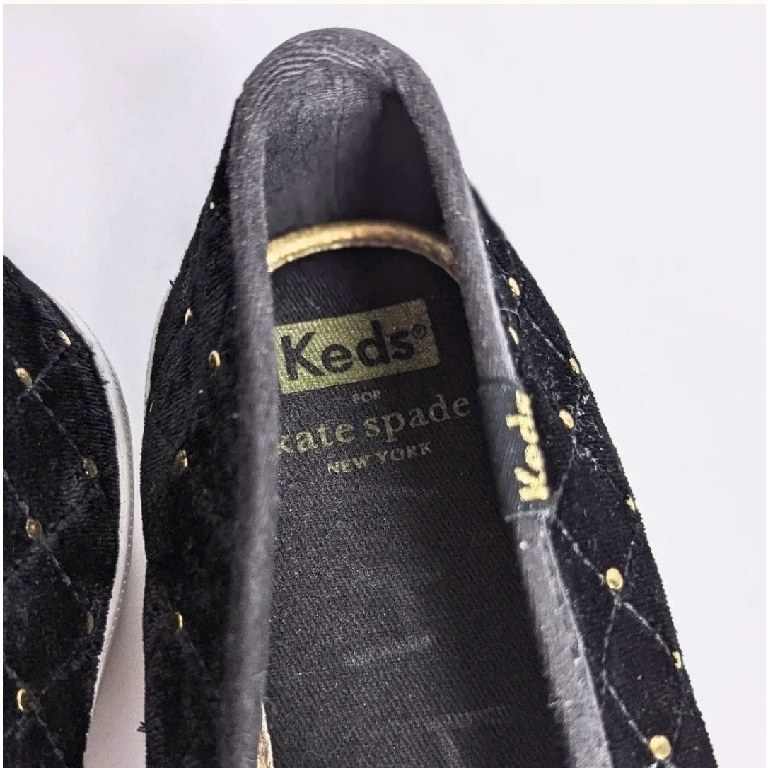 Keds x Kate Spade Double Decker Quilted Velvet Slip-On Black Sneakers Women's Size 8.5