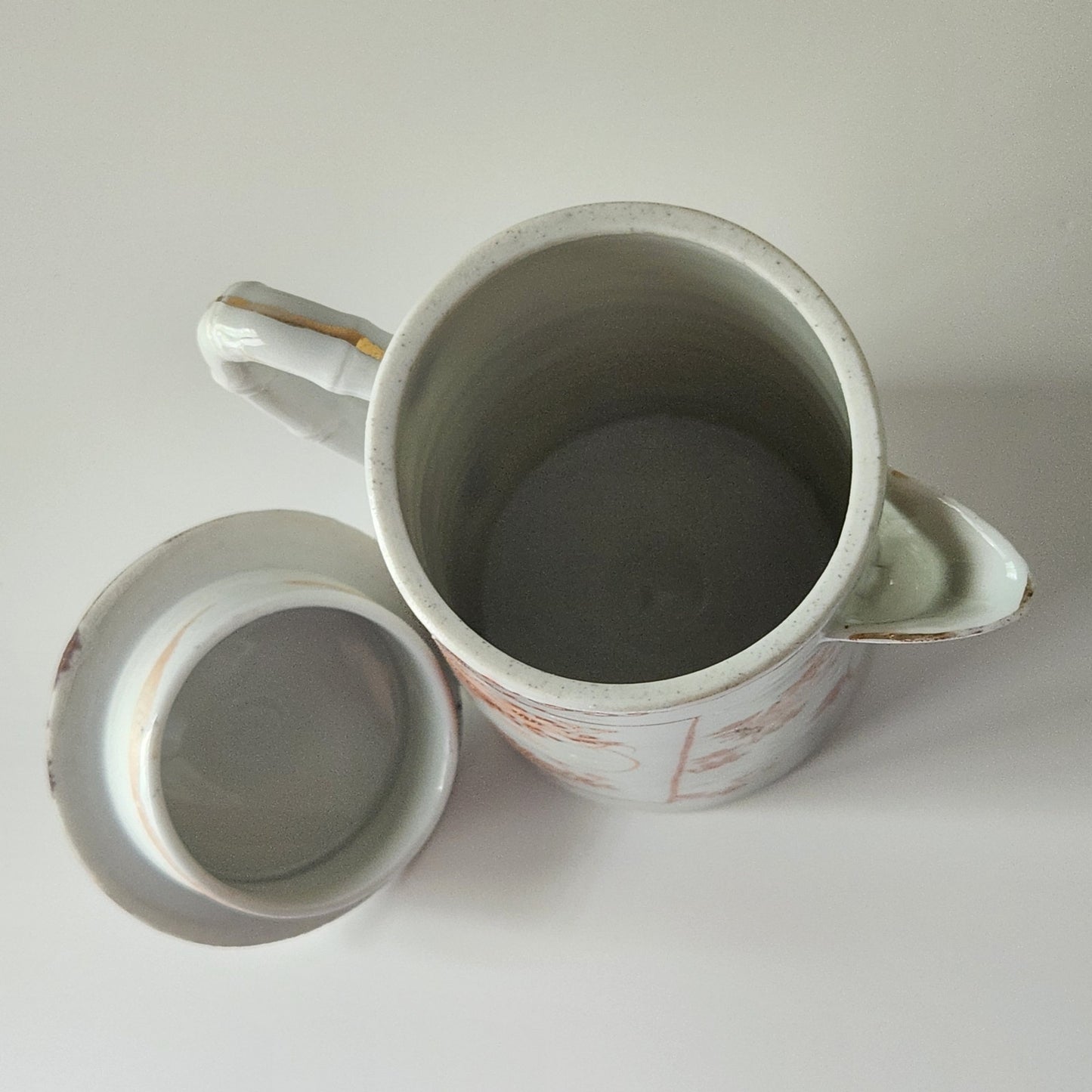 Antique Japanese Chocolate Pot | Early 20th Century Porcelain | Red Orange Floral Design with Gold Gilding | Bamboo Handle | Asian Decorative Teapot 7.5"