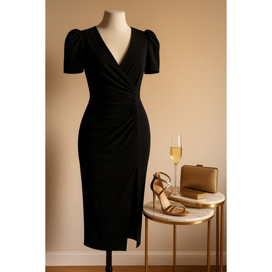 Shoshanna Women's Caldwell Puff Sleeve Faux Wrap Midi Dress – Jet Black – Size 8