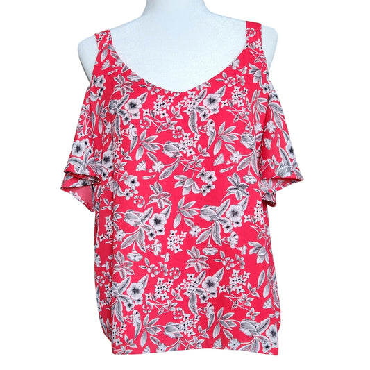 Emma & Olivia Women's Red Cold Shoulder Floral Flutter Sleeve Blouse Size L