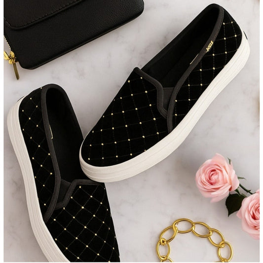 Keds x Kate Spade Double Decker Quilted Velvet Slip-On Black Sneakers Women's Size 8.5