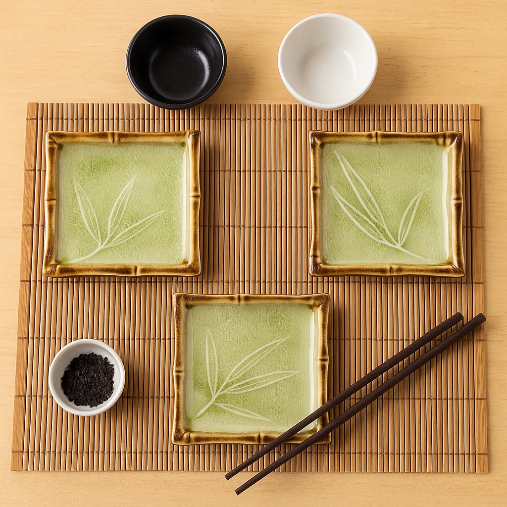 Japanese Bamboo Grass Green Crackle Glaze Square Dishes