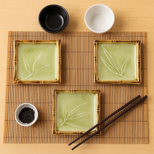 Japanese Bamboo Grass Green Crackle Glaze Square Dishes