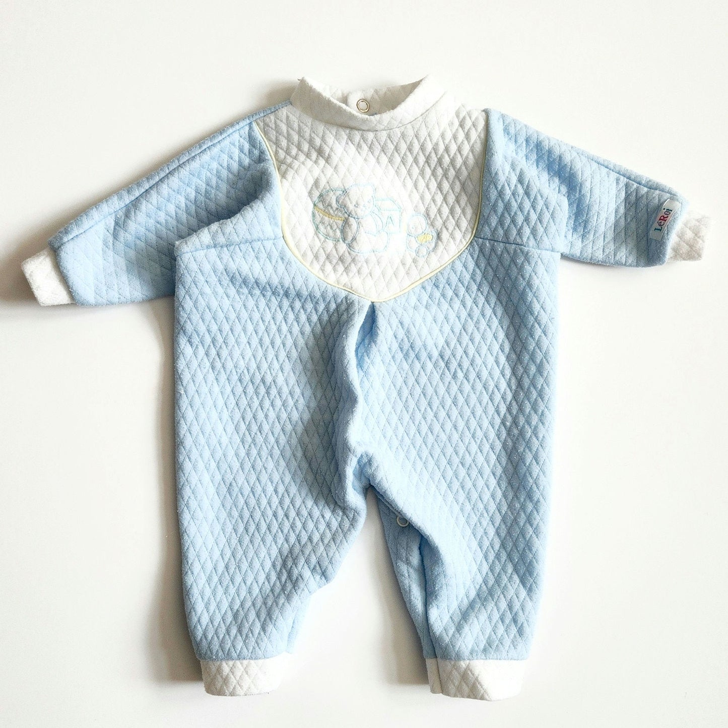 Vintage 1980s LéRoi Kov.R.Alls Blue Quilted Baby Sleeper | Teddy Bear & Duck Embroidery | Size 0-3 Months | Made in USA