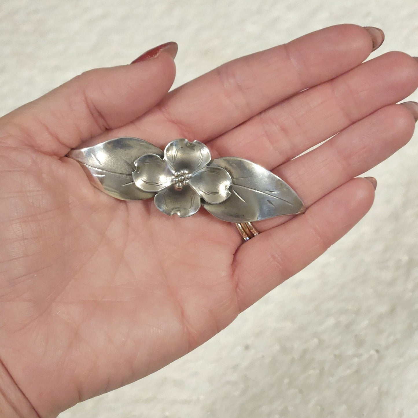 1940s Sterling Silver Dogwood Brooch | Handwrought Signed Silver Floral Pin