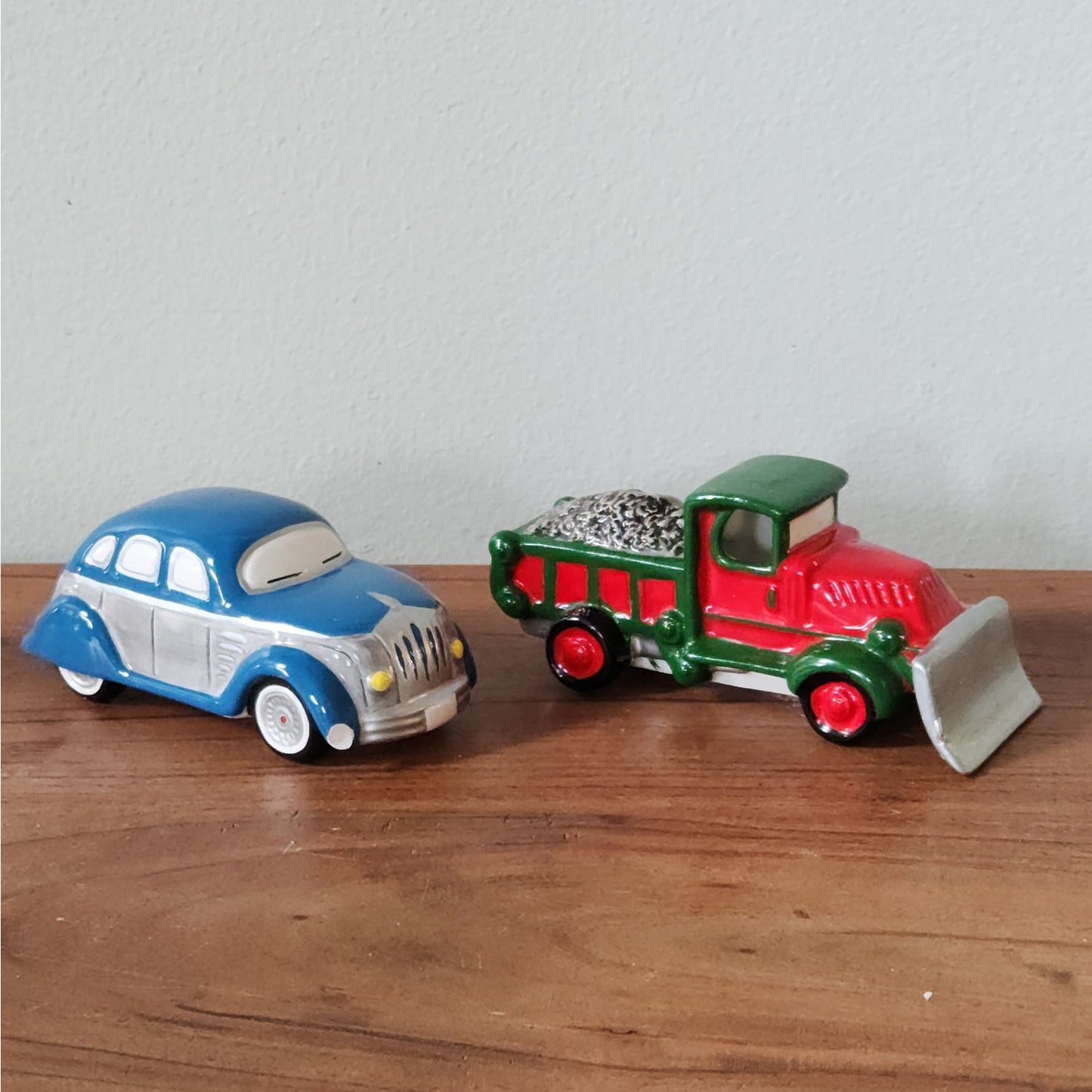 Vintage Department 56 Classic Sedan & Snow Plow — 1990s Snow Village Ceramic Vehicle Set