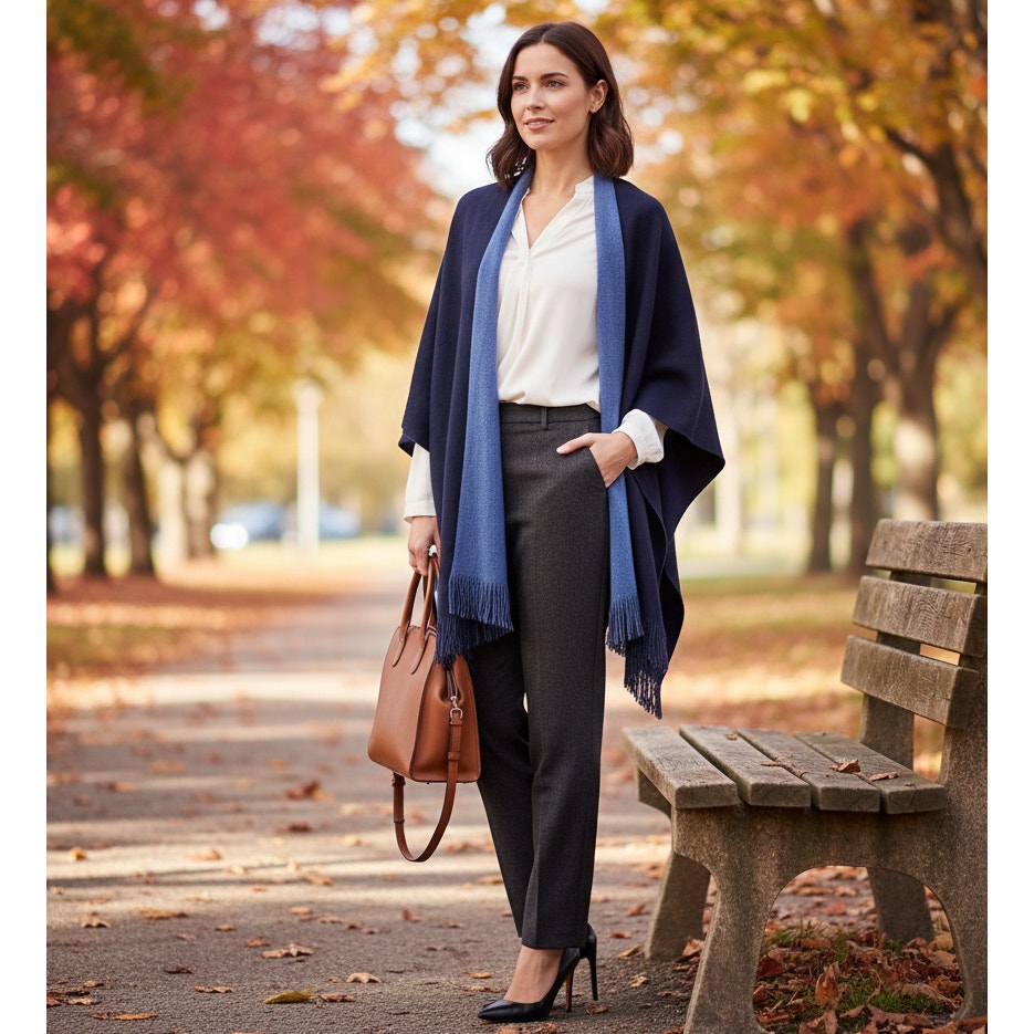 Wool & Rayon Blend Shawl Wrap | Two-Tone Navy & Periwinkle | Reversible Fringe Trim | One Size