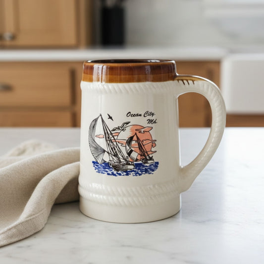 Vintage Ocean City, Maryland Mug Set – Nautical Sailboat & Lighthouse – 1980s Maryland Souvenir Coffee Cups – Coastal Barware Pair