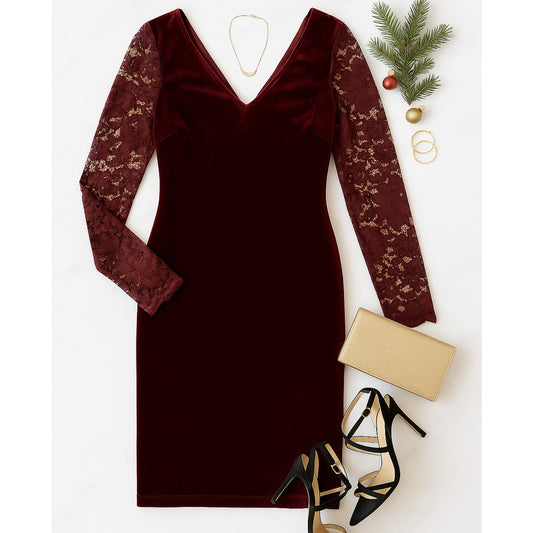 Badgley Mischka Burgundy Velvet Lace Sleeve Cocktail Dress