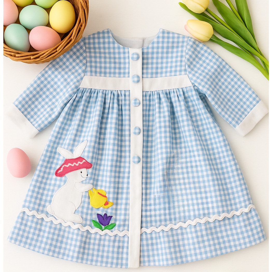 Vintage 1980s Baby Girl Dress – Blue Gingham Bunny Rabbit & Tulip Teapot Appliqué – Infant 18 Months Easter Spring Tea Party Outfit