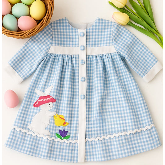 Vintage 1980s Baby Girl Dress – Blue Gingham Bunny Rabbit & Tulip Teapot Appliqué – Infant 18 Months Easter Spring Tea Party Outfit