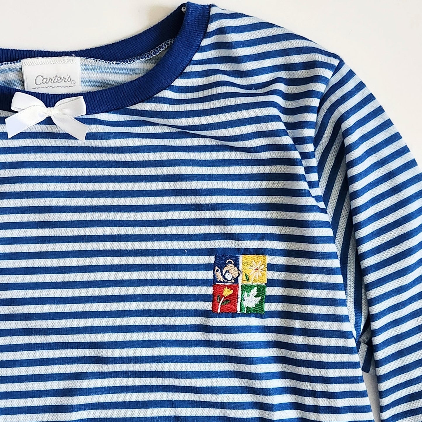 Vintage 90s Carter's Teddy Bear Nightgown | Blue White Striped Long Sleeve Girls Pajama Dress Size 8/10 USA Made