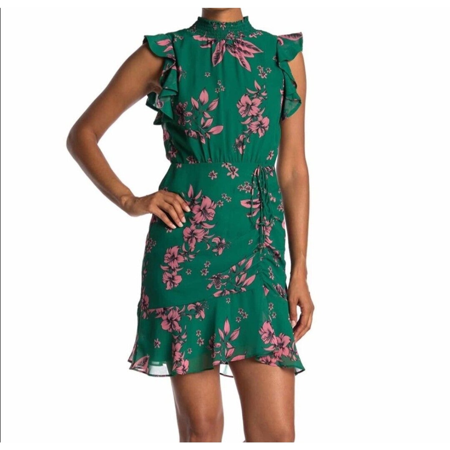 Sam Edelman Green Pink Floral High Neck Ruffle Dress Women's Size 2 Wedding Guest Party Travel