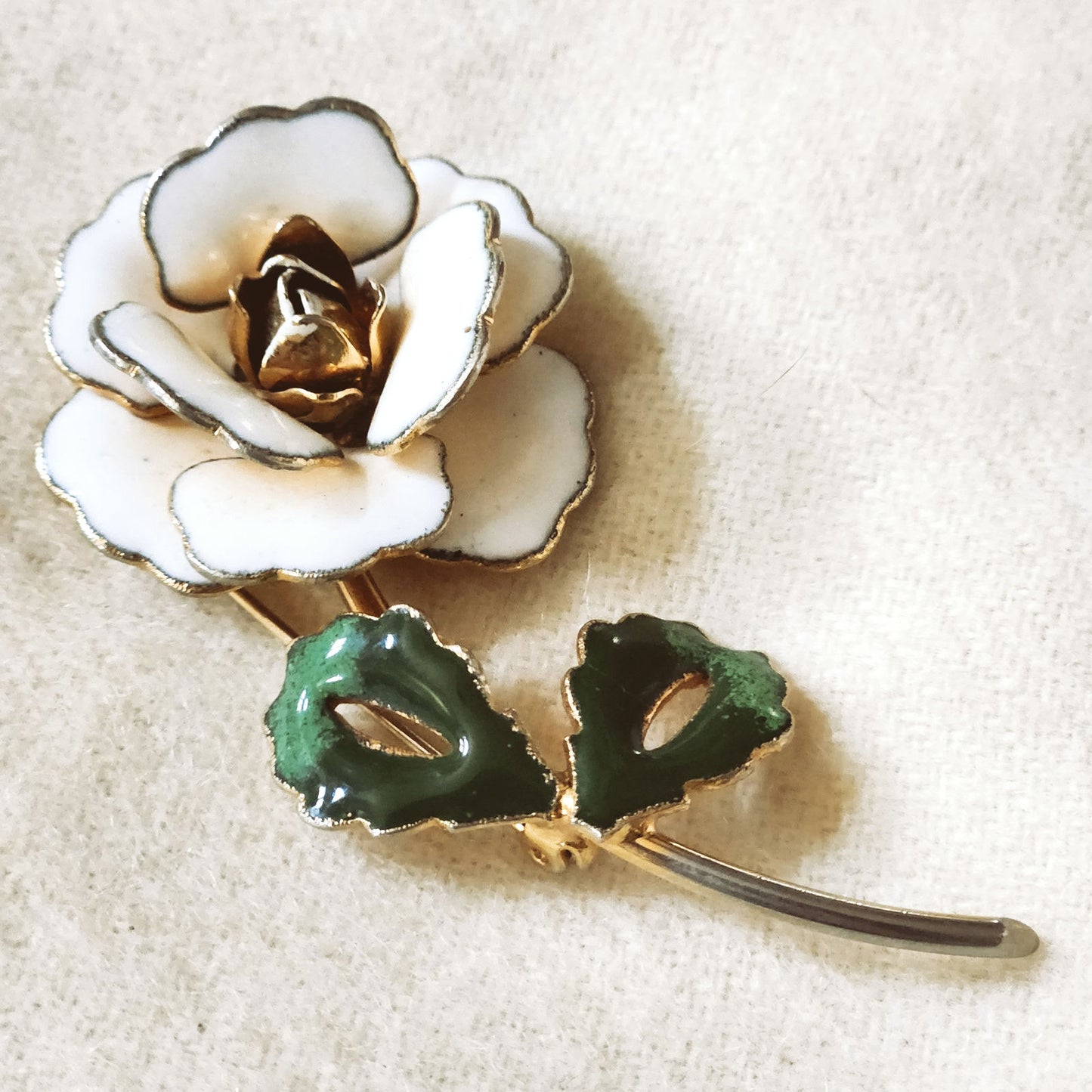 Mid-Century White Enamel Gardenia Flower Brooch & Clip-On Earrings Set