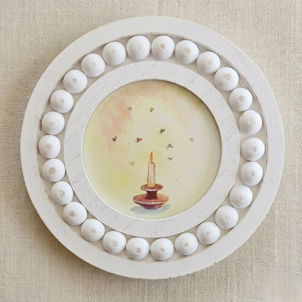 Vintage 1990s Maryjo Koch Candle & Butterfly Mini Print in White Round Frame