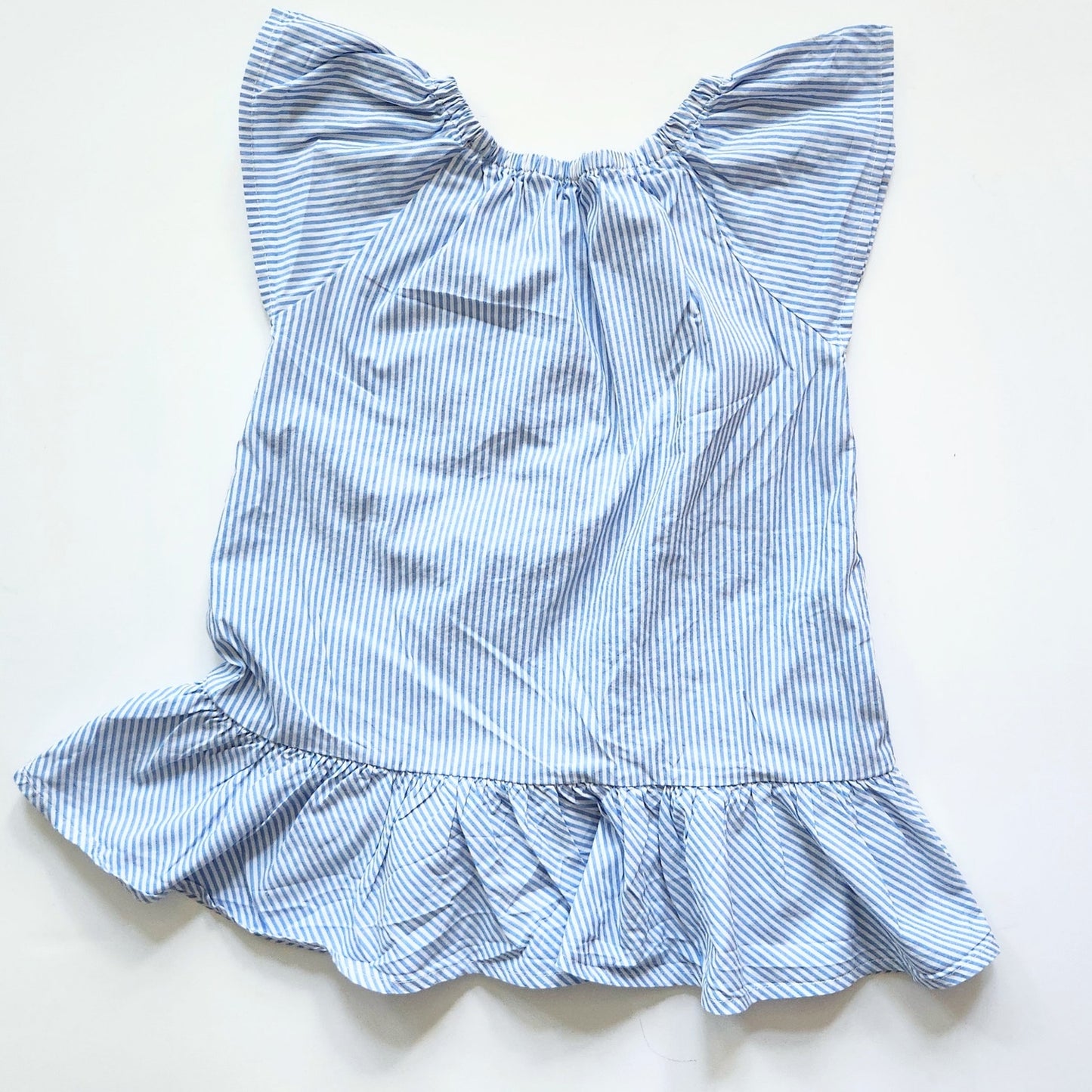 Bebe Girls Blue & White Striped Floral Embroidery Flutter Sleeve Dress Size 5-6