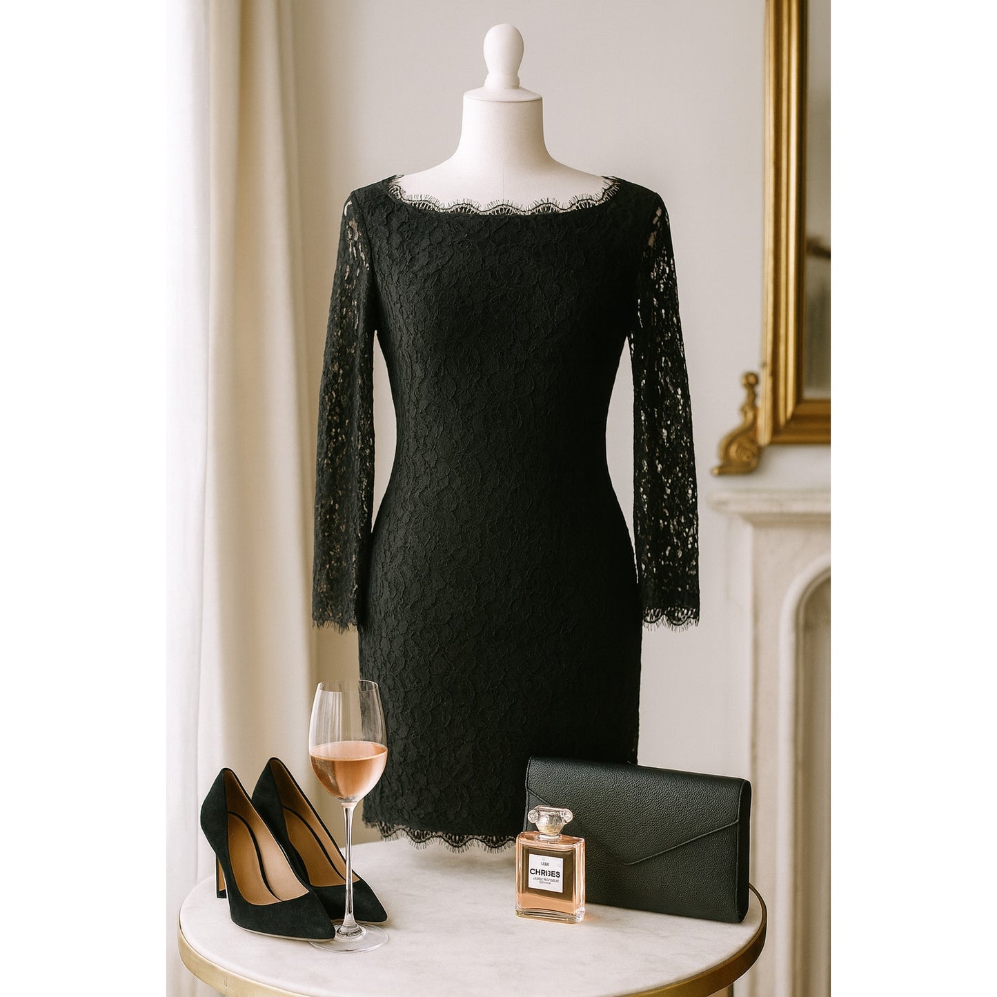 Zarita Black Lace 3/4 Sleeve Dress | Women's 6 | Made in USA