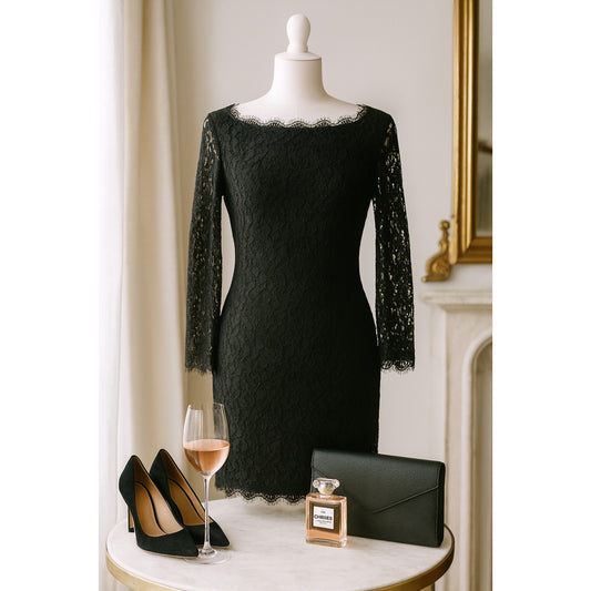 Zarita Black Lace 3/4 Sleeve Dress | Women's 6 | Made in USA