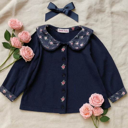 Vintage 1980s Christie Brooks Girls Swing Top – Size 5/6 – Navy Blue with Rose Print Collar & Cuffs, Embroidered Placket Roses – Cottagecore Kids Clothing