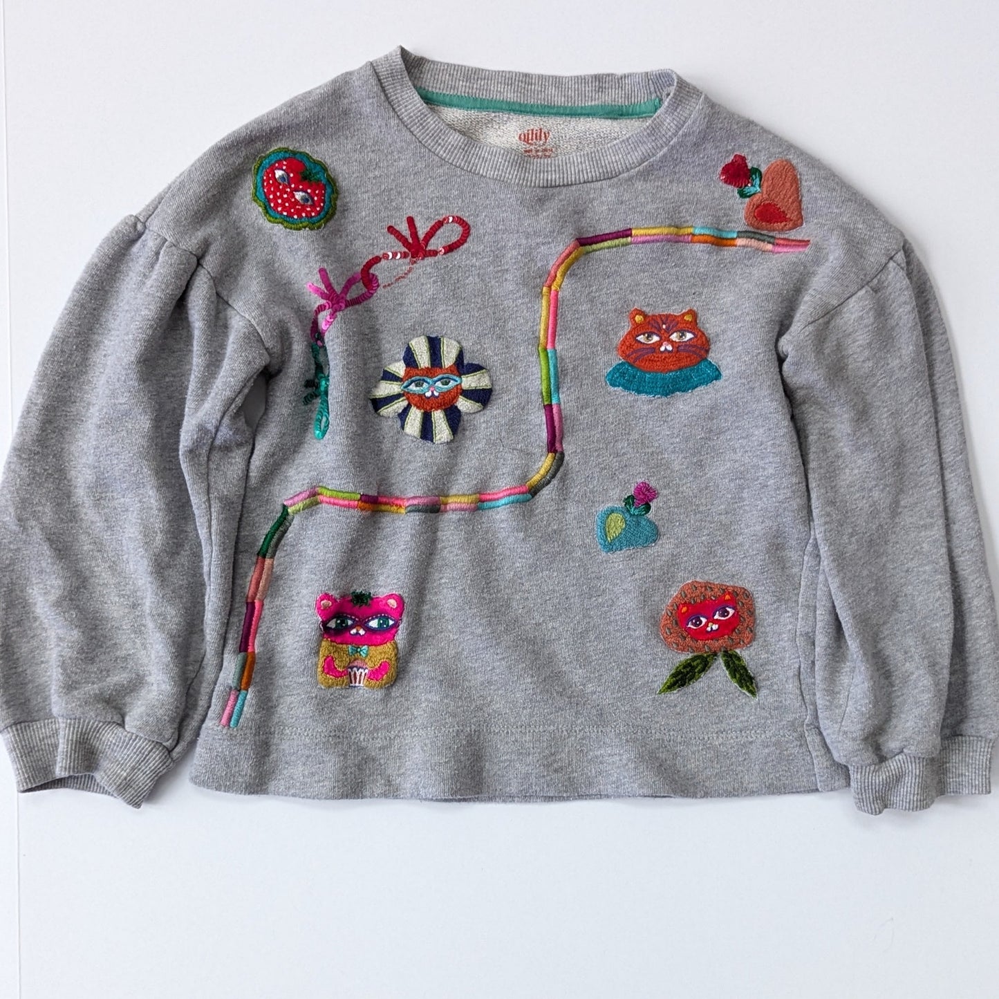 Oilily Believe Sweater Gray Crewneck Girls Size 7 | 122cm Sequins & Embroidery Puff Sleeve Cotton