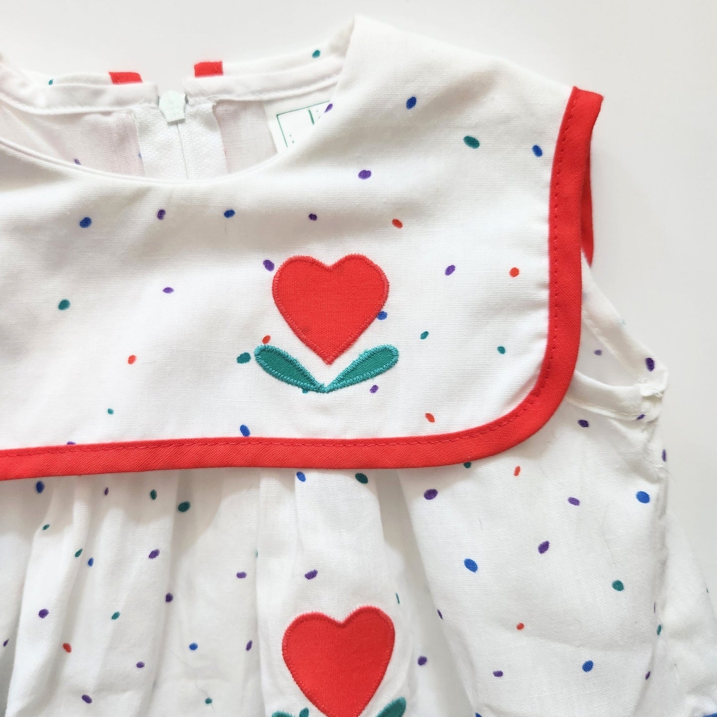 Vintage 1980s Lisa Jackson Baby Girl Dress – Polka Dots & Heart Appliqué, Bib Collar, Tiered Skirt – Size 3-6 Months, Made in USA