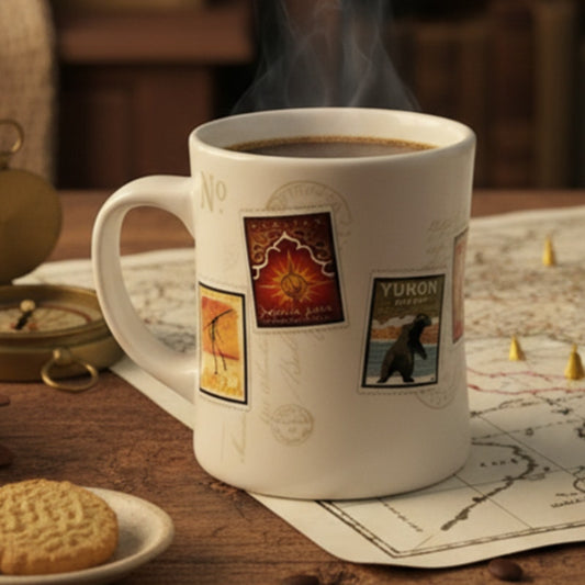 RARE 2003 Starbucks Barista “Coffee Stamp Collection” Mug – Panama • Sumatra • Mocha Java • Yukon – Postal Mark Graphics