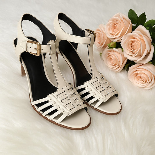 Coach Izzy Ivory White Leather Strappy Sandals Wooden Stiletto Heels Women's Size 7