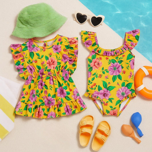 Janie and Jack Girls Floral Ruffle Swim Cover-Up & Recycled Flutter Sleeve Swimsuit Set 2T Solar Power Floral