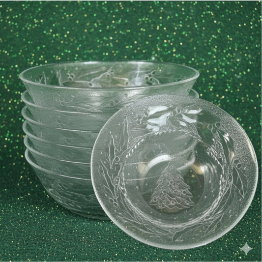 Set of 7 1970s/80s Holly Tree Tannenbaum Embossed Glass Christmas Bowls