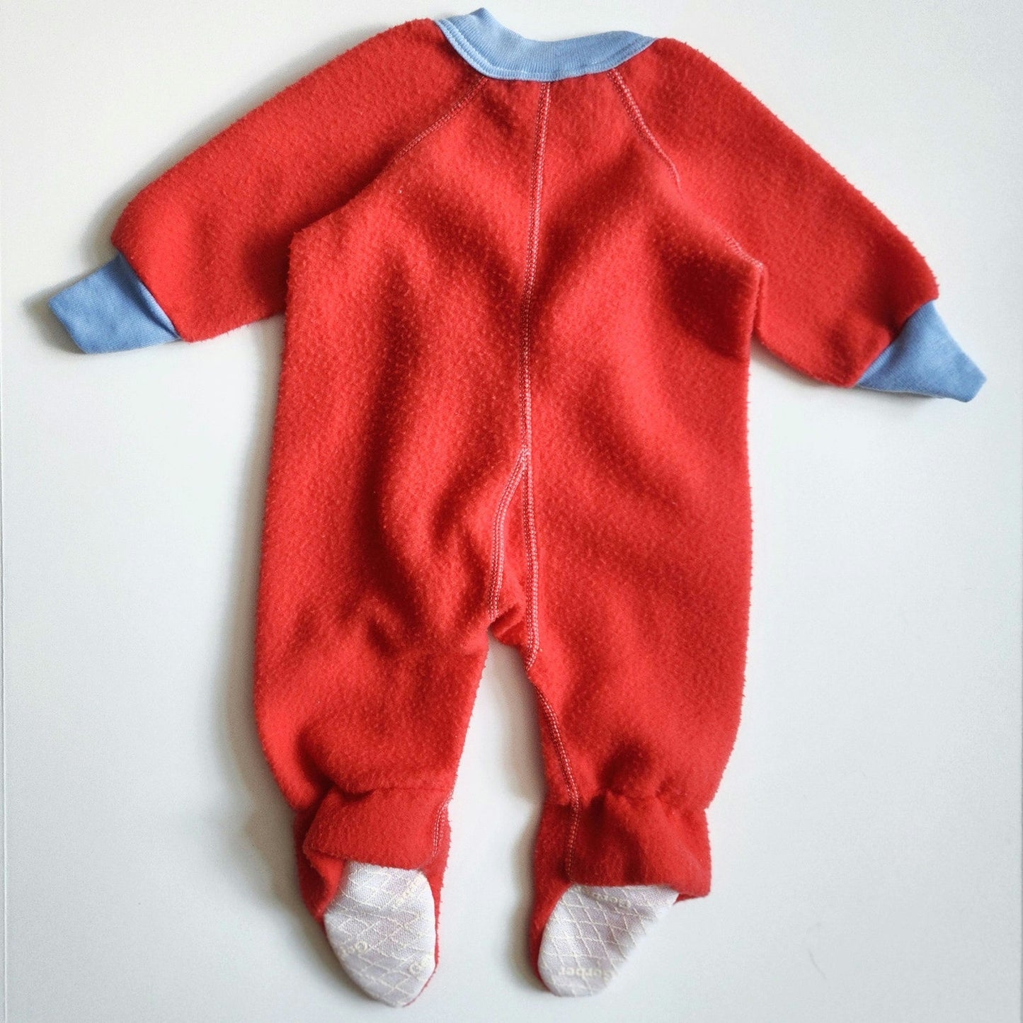 Vintage 1980s Gerber Red Fleece Infant Sleeper – Footed Baby Pajamas with Blue Trim | Zip Closure | Made in USA | Size 7-12 Months