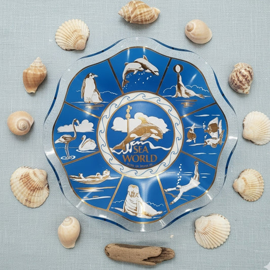 1976 Souvenir Blue Glass Ruffled Edge Bowl/Dish - Shamu & Friends Marine Life Decor