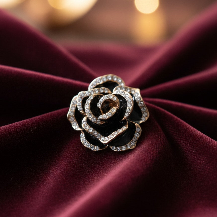 Vintage Rose Gold Tone Rose Brooch | 1990s Black Enamel & Rhinestone Flower Pin