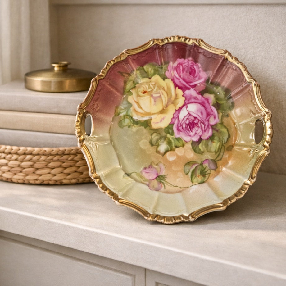 Antique Kuno Steinmann Tiefenfurt Porcelain Bowl  Hand-Painted “Roses à la Paris” | Made in Germany | Circa 1900–1915 | Heavy Gold Gilt